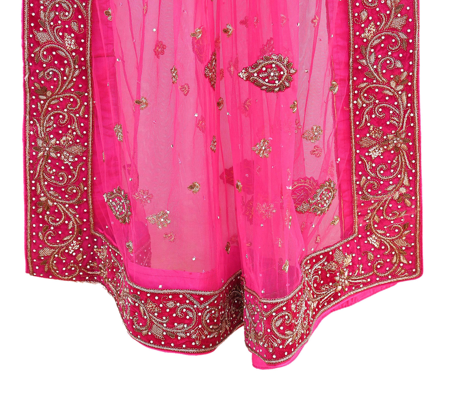 Indian Vintage Heavy Pink Dupatta Net Mesh Long Stole Hand Embroidered Scarves Golden Zardozi Dabka Zari Stole Bridal/ Wedding veil