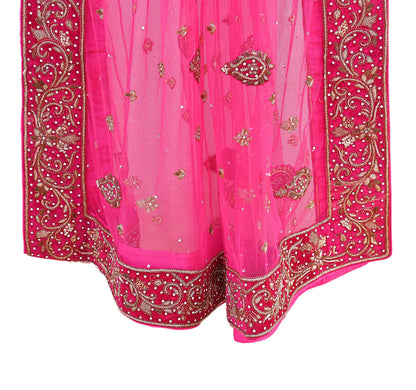Indian Vintage Heavy Pink Dupatta Net Mesh Long Stole Hand Embroidered Scarves Golden Zardozi Dabka Zari Stole Bridal/ Wedding veil