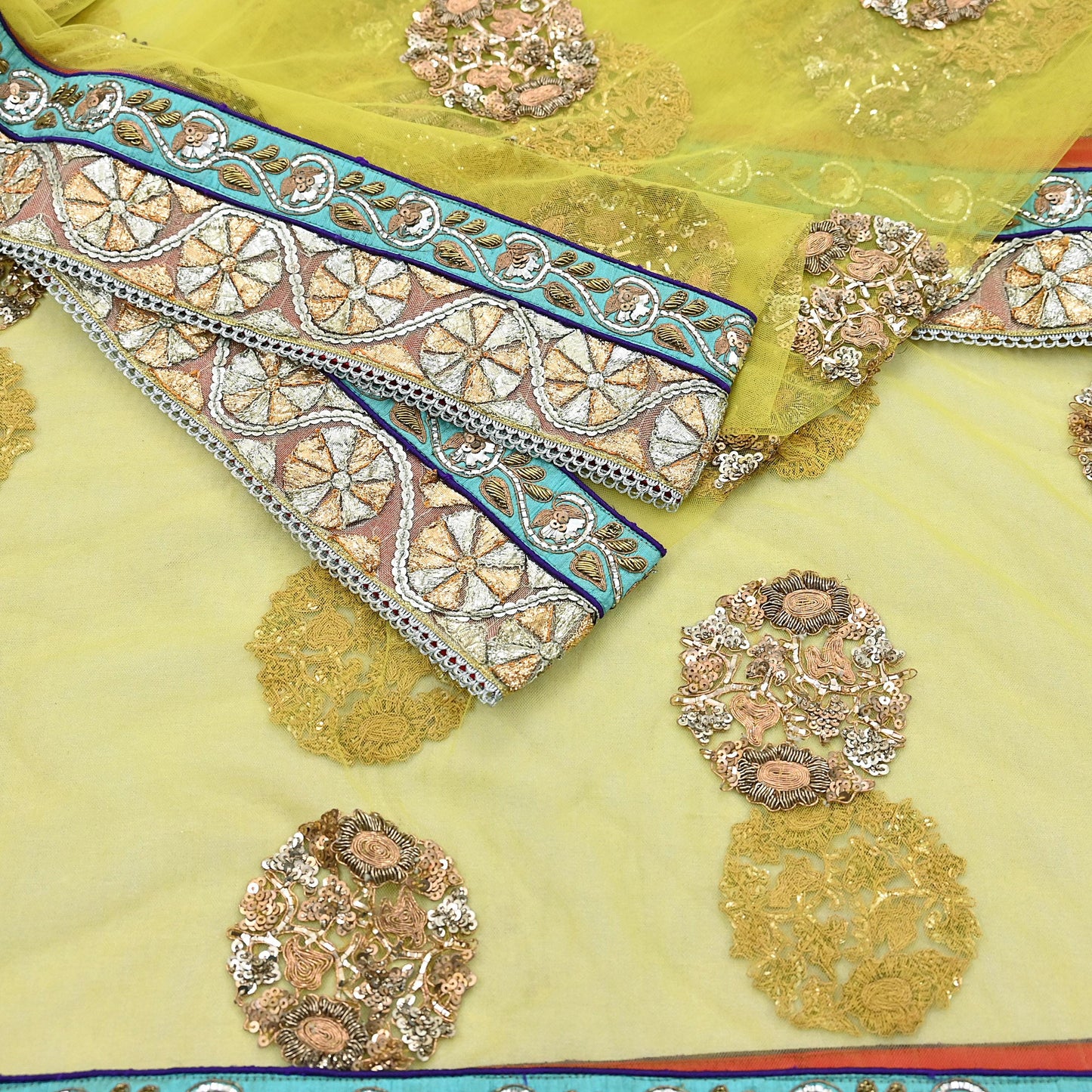 Indian Heavy Wedding Dupatta Lemon Green Net Long Stole Hand Embroidered By Designer Sabyasachi Scarves Zardozi Bridal Veil