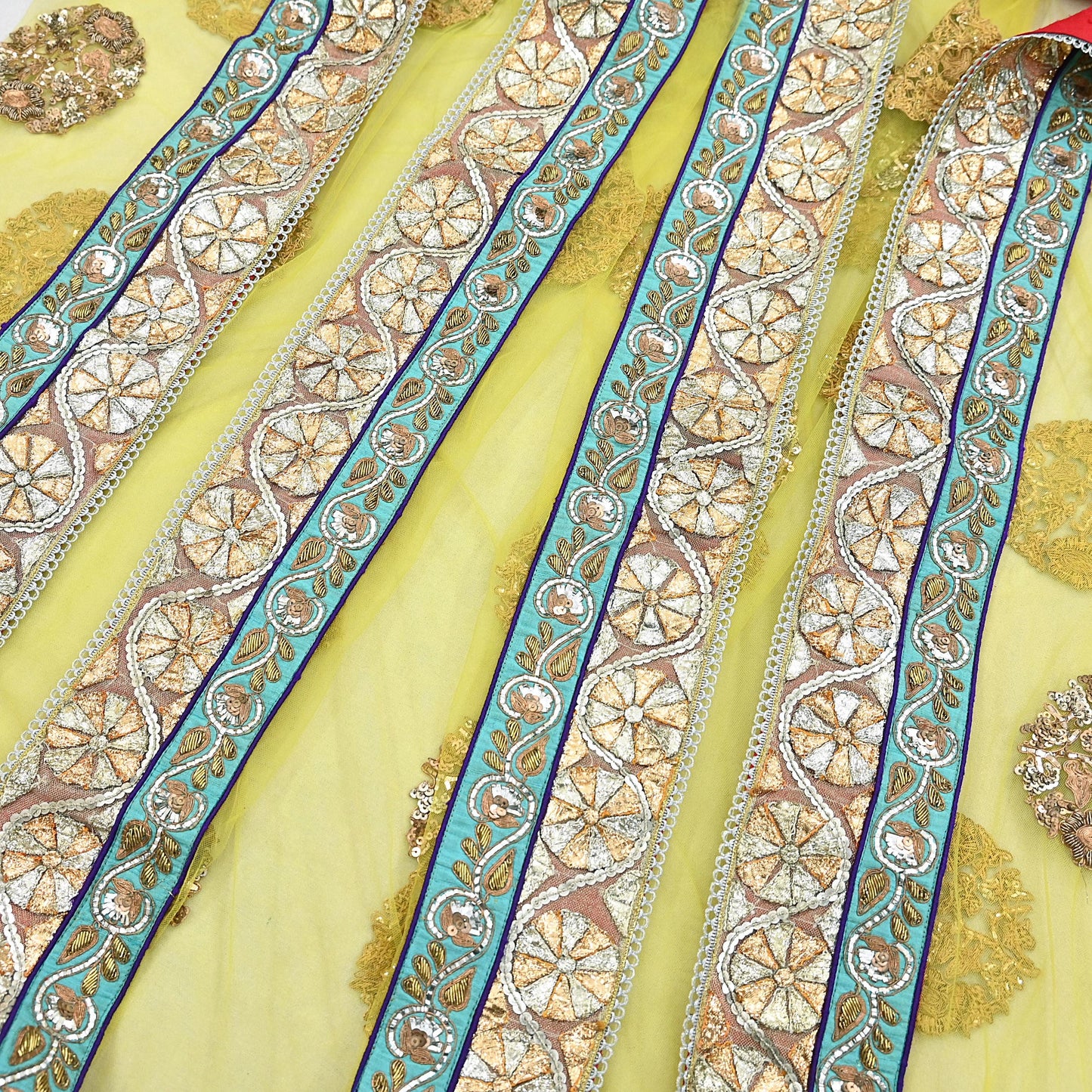 Indian Heavy Wedding Dupatta Lemon Green Net Long Stole Hand Embroidered By Designer Sabyasachi Scarves Zardozi Bridal Veil