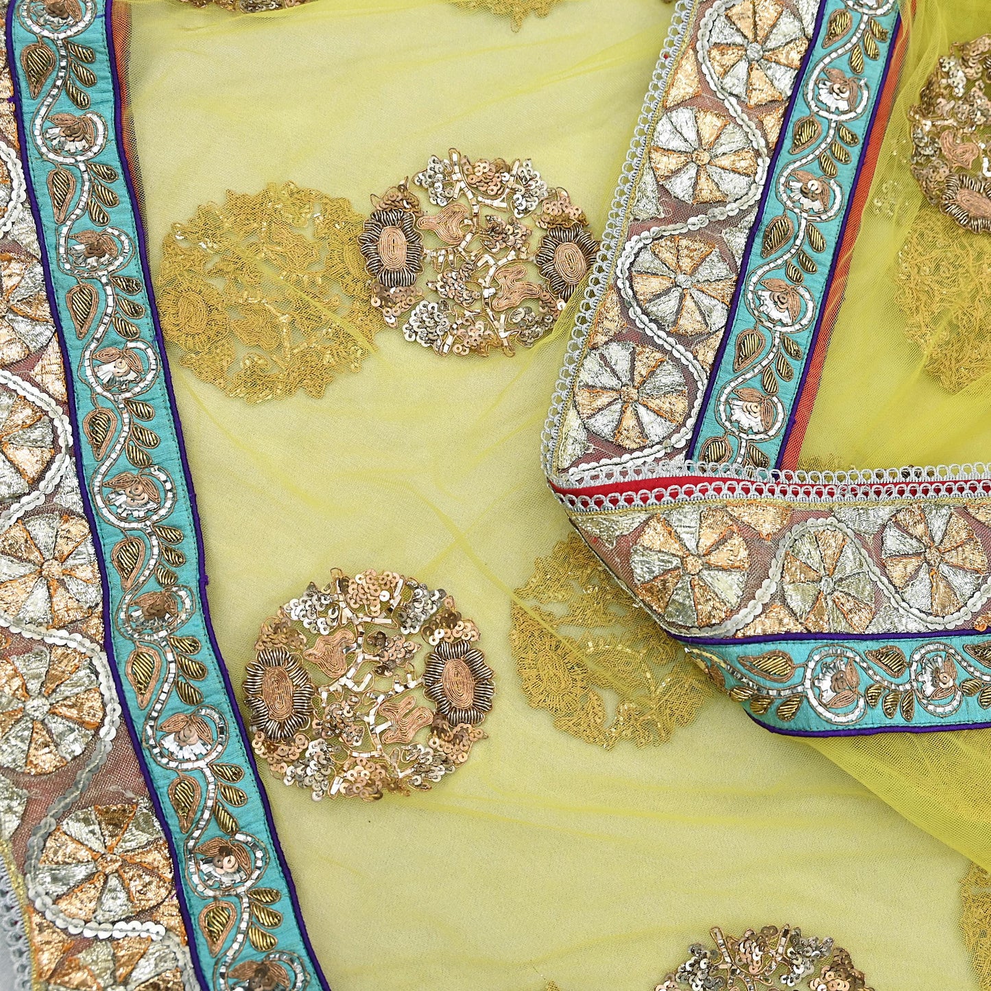Indian Heavy Wedding Dupatta Lemon Green Net Long Stole Hand Embroidered By Designer Sabyasachi Scarves Zardozi Bridal Veil