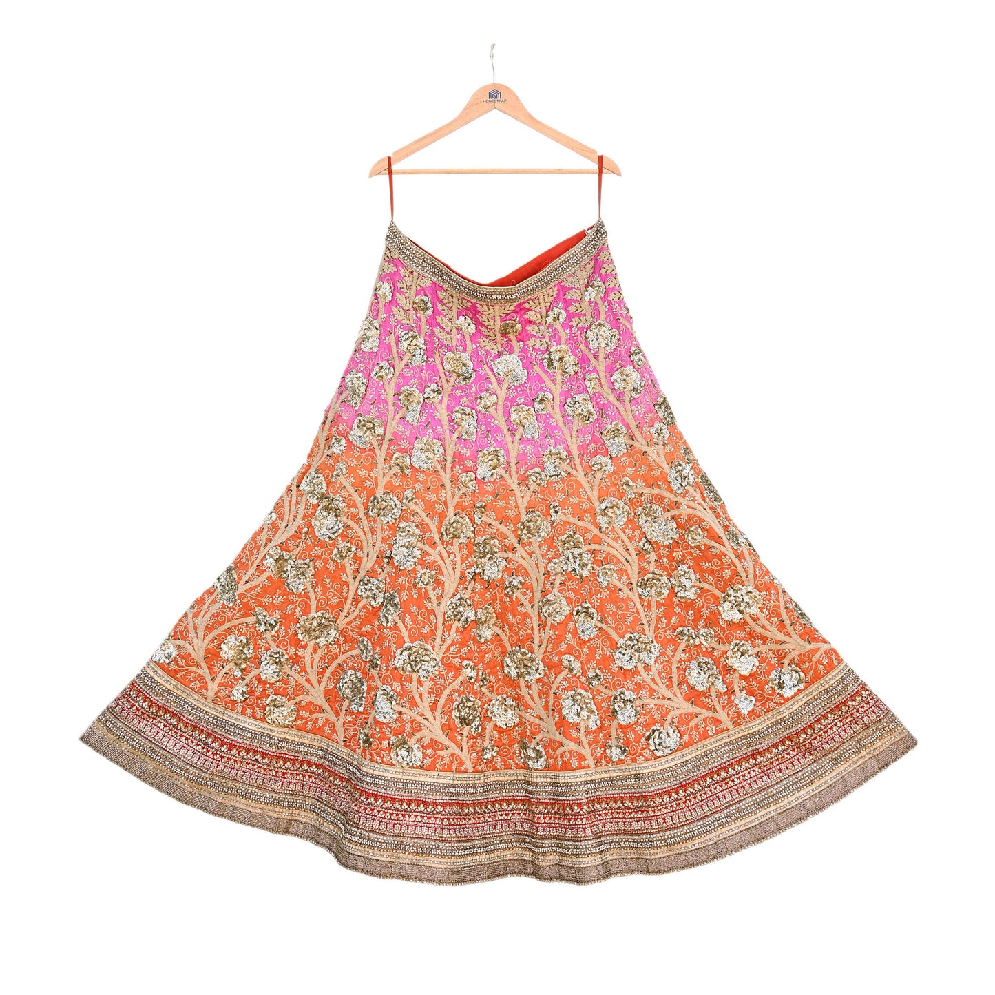 Indian Vintage Orange & Pink Raw Silk Hand Embroidered Skirt Bridal Party Wear Bollywood Lehenga Zardozi/ Dabka, Zari