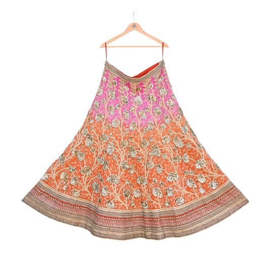 Indian Vintage Orange & Pink Raw Silk Hand Embroidered Skirt Bridal Party Wear Bollywood Lehenga Zardozi/ Dabka, Zari
