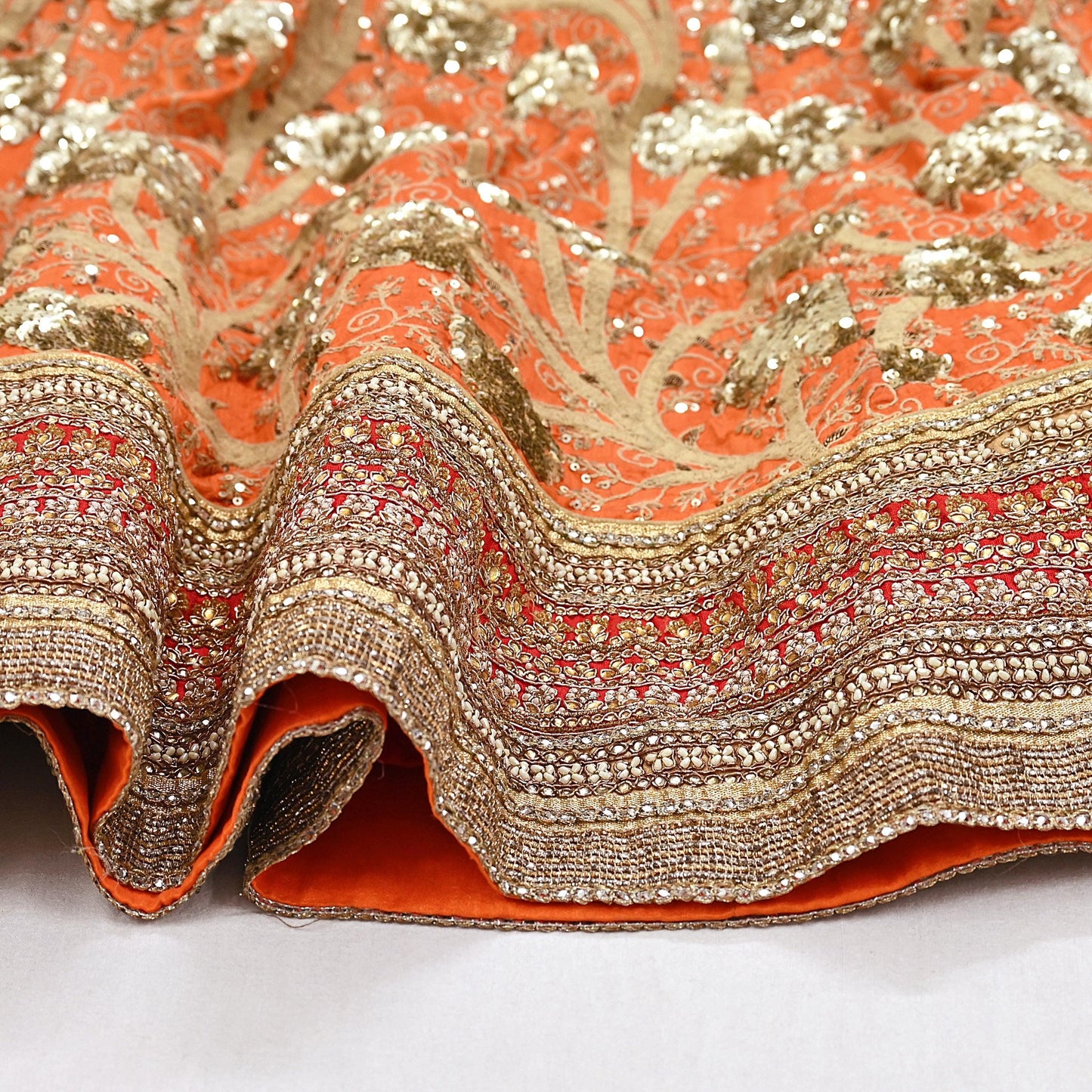 Indian Vintage Orange & Pink Raw Silk Hand Embroidered Skirt Bridal Party Wear Bollywood Lehenga Zardozi/ Dabka, Zari