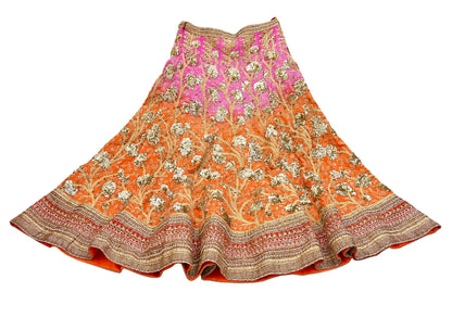Indian Vintage Orange & Pink Raw Silk Hand Embroidered Skirt Bridal Party Wear Bollywood Lehenga Zardozi/ Dabka, Zari