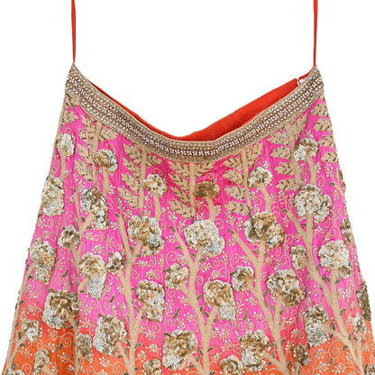 Indian Vintage Orange & Pink Raw Silk Hand Embroidered Skirt Bridal Party Wear Bollywood Lehenga Zardozi/ Dabka, Zari