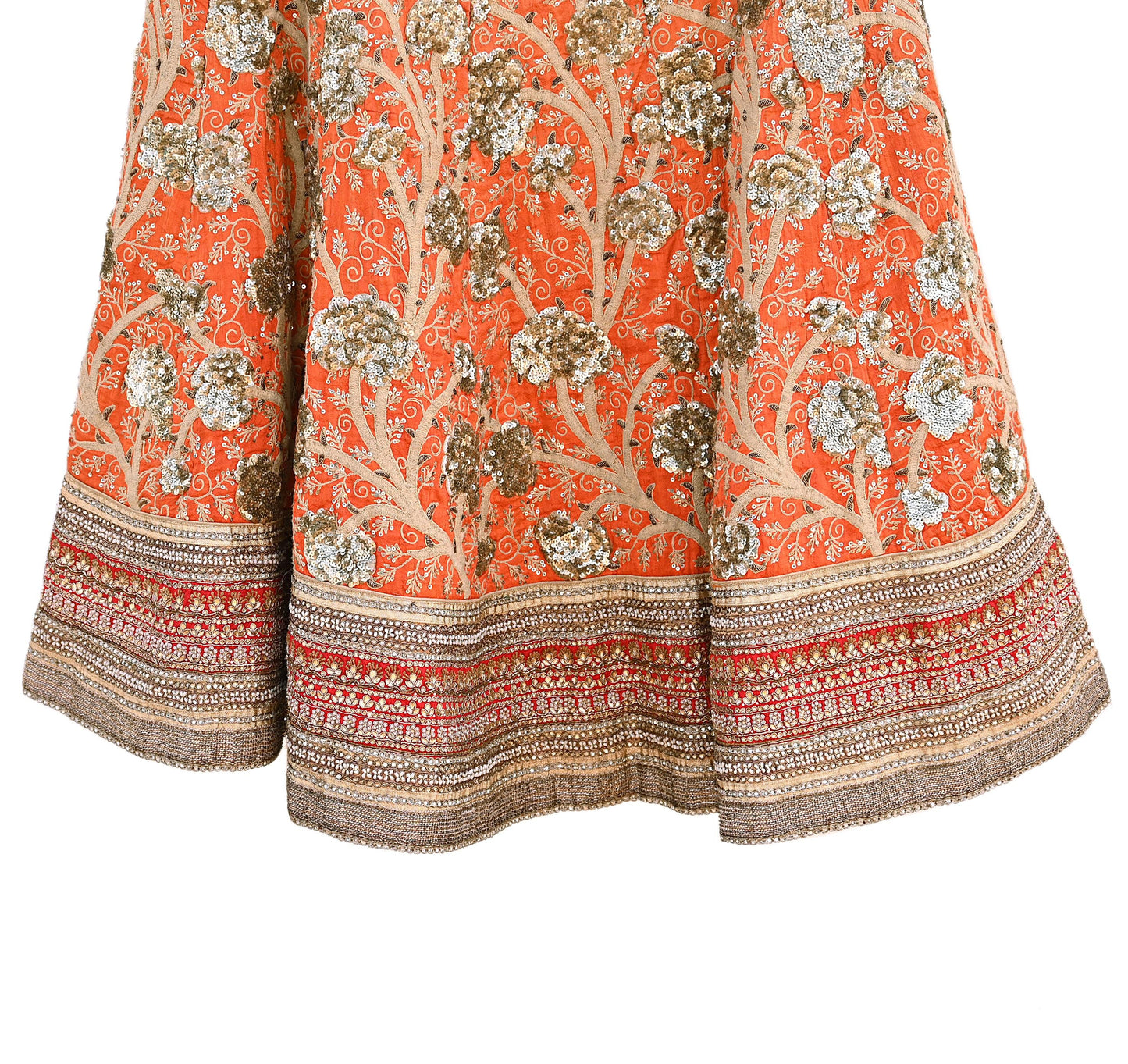 Indian Vintage Orange & Pink Raw Silk Hand Embroidered Skirt Bridal Party Wear Bollywood Lehenga Zardozi/ Dabka, Zari