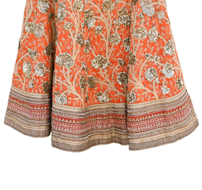 Indian Vintage Orange & Pink Raw Silk Hand Embroidered Skirt Bridal Party Wear Bollywood Lehenga Zardozi/ Dabka, Zari
