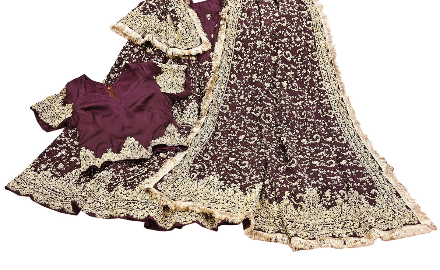 Indian Heavy Wedding Purple Pure Satin Silk Hand Embroidered Lehenga Set of 3pcs Bollywood style wedding wear