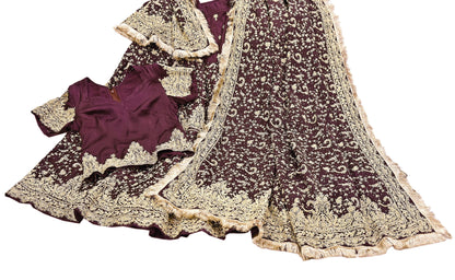 Indian Heavy Wedding Purple Pure Satin Silk Hand Embroidered Lehenga Set of 3pcs Bollywood style wedding wear