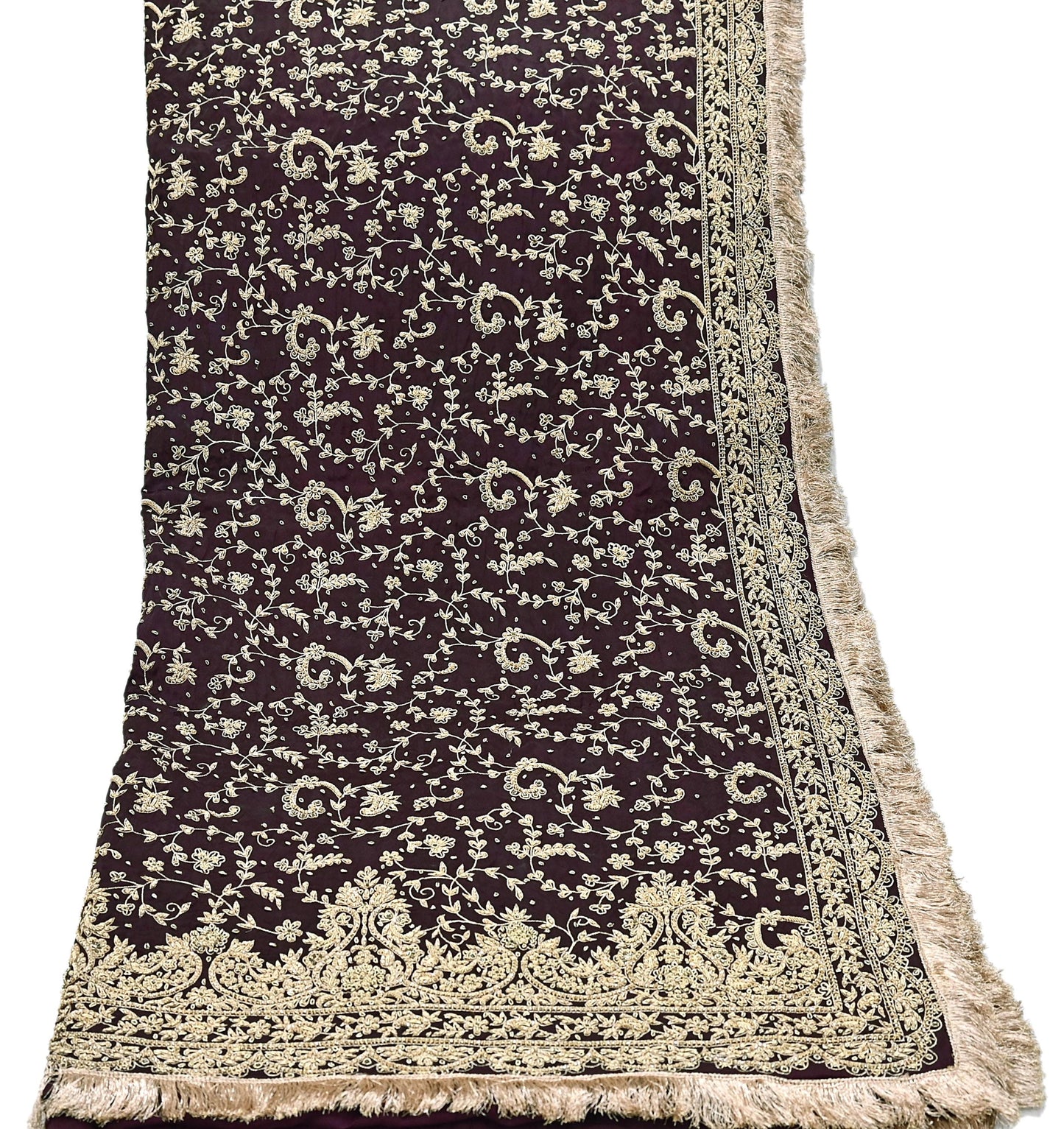 Indian Vintage Heavy Wedding Purple Dupatta Pure Satin Silk Long Stole Hand Embroidered Scarves Golden Zardozi Bridal Veil