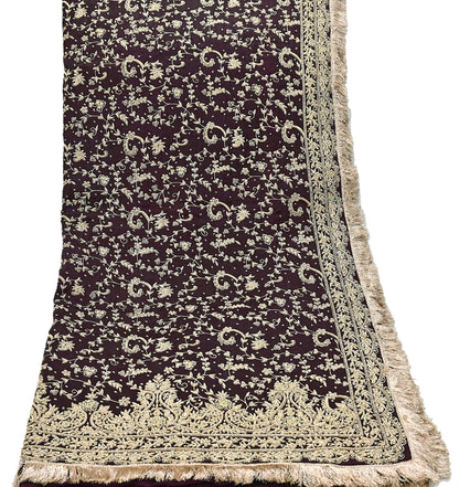 Indian Vintage Heavy Wedding Purple Dupatta Pure Satin Silk Long Stole Hand Embroidered Scarves Golden Zardozi Bridal Veil