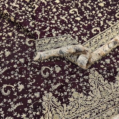 Indian Vintage Heavy Wedding Purple Dupatta Pure Satin Silk Long Stole Hand Embroidered Scarves Golden Zardozi Bridal Veil