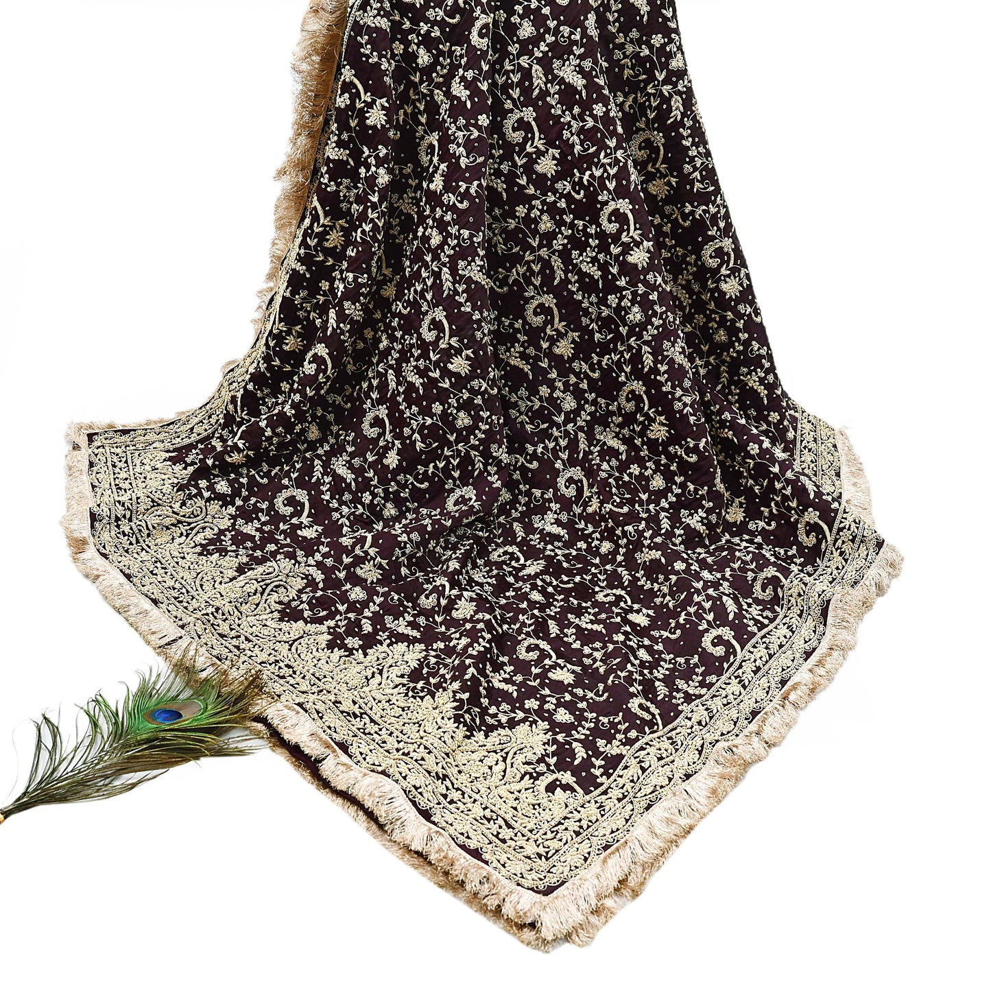 Indian Vintage Heavy Wedding Purple Dupatta Pure Satin Silk Long Stole Hand Embroidered Scarves Golden Zardozi Bridal Veil