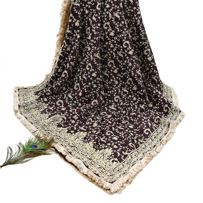 Indian Vintage Heavy Wedding Purple Dupatta Pure Satin Silk Long Stole Hand Embroidered Scarves Golden Zardozi Bridal Veil