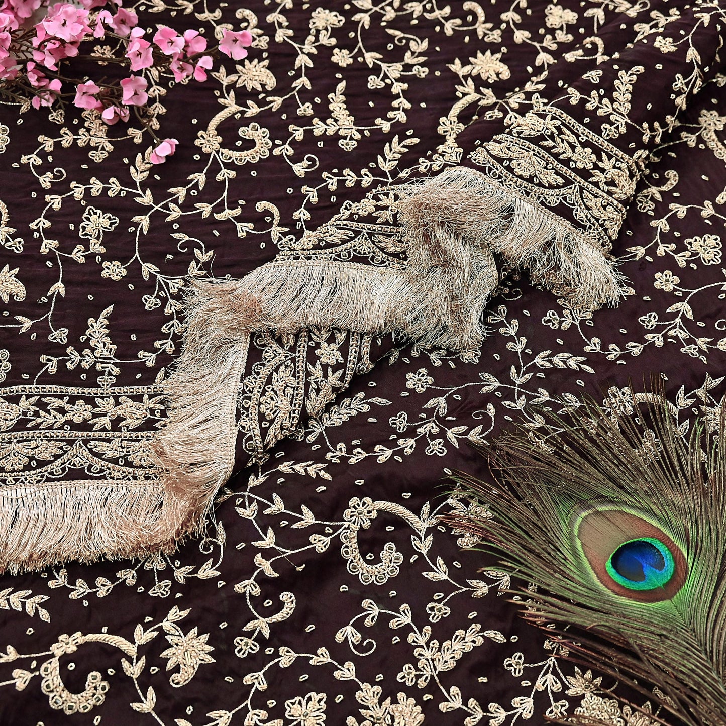 Indian Vintage Heavy Wedding Purple Dupatta Pure Satin Silk Long Stole Hand Embroidered Scarves Golden Zardozi Bridal Veil