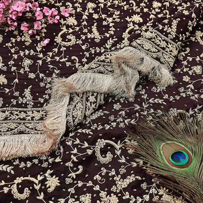 Indian Vintage Heavy Wedding Purple Dupatta Pure Satin Silk Long Stole Hand Embroidered Scarves Golden Zardozi Bridal Veil