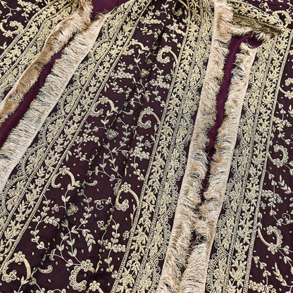 Indian Vintage Heavy Wedding Purple Dupatta Pure Satin Silk Long Stole Hand Embroidered Scarves Golden Zardozi Bridal Veil