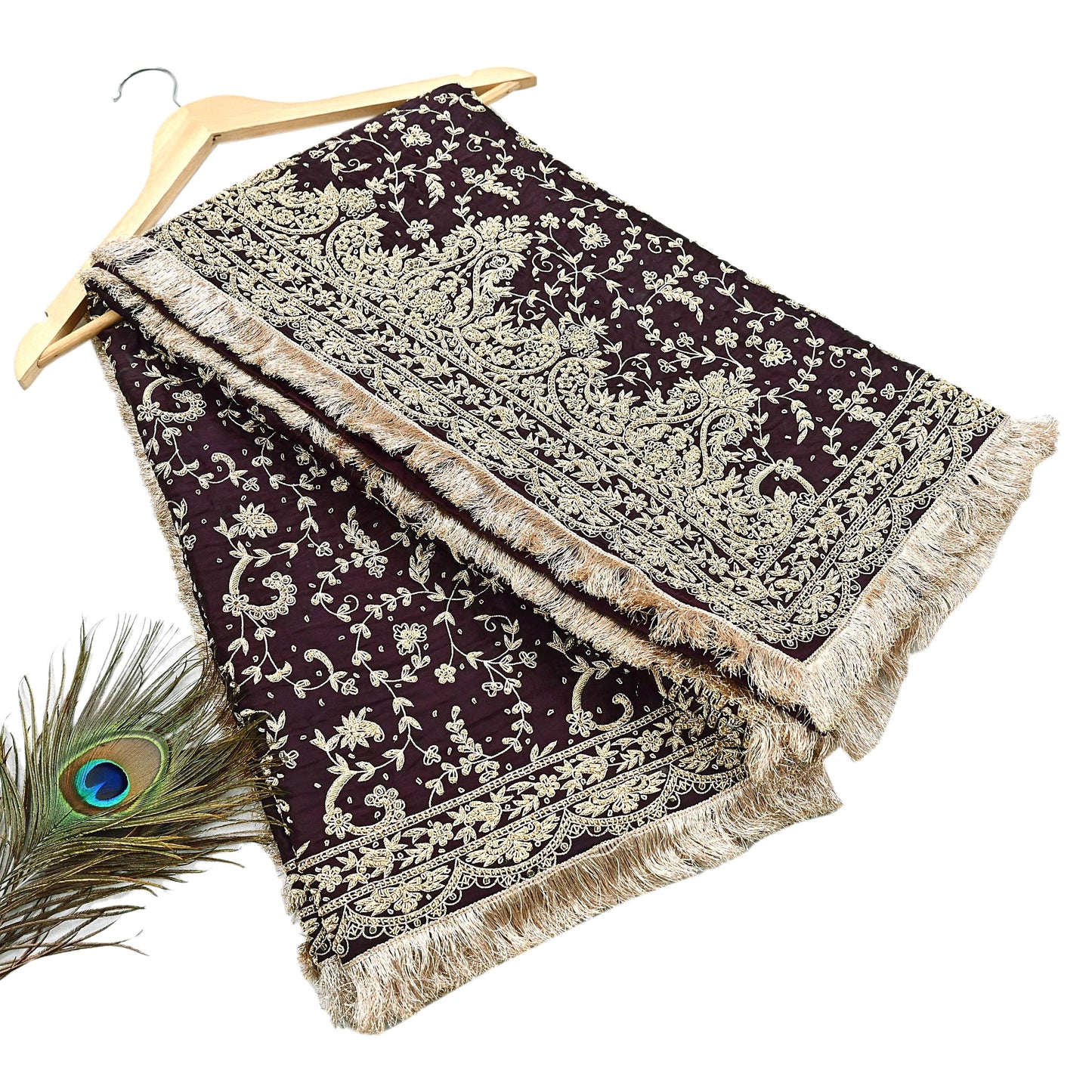 Indian Vintage Heavy Wedding Purple Dupatta Pure Satin Silk Long Stole Hand Embroidered Scarves Golden Zardozi Bridal Veil