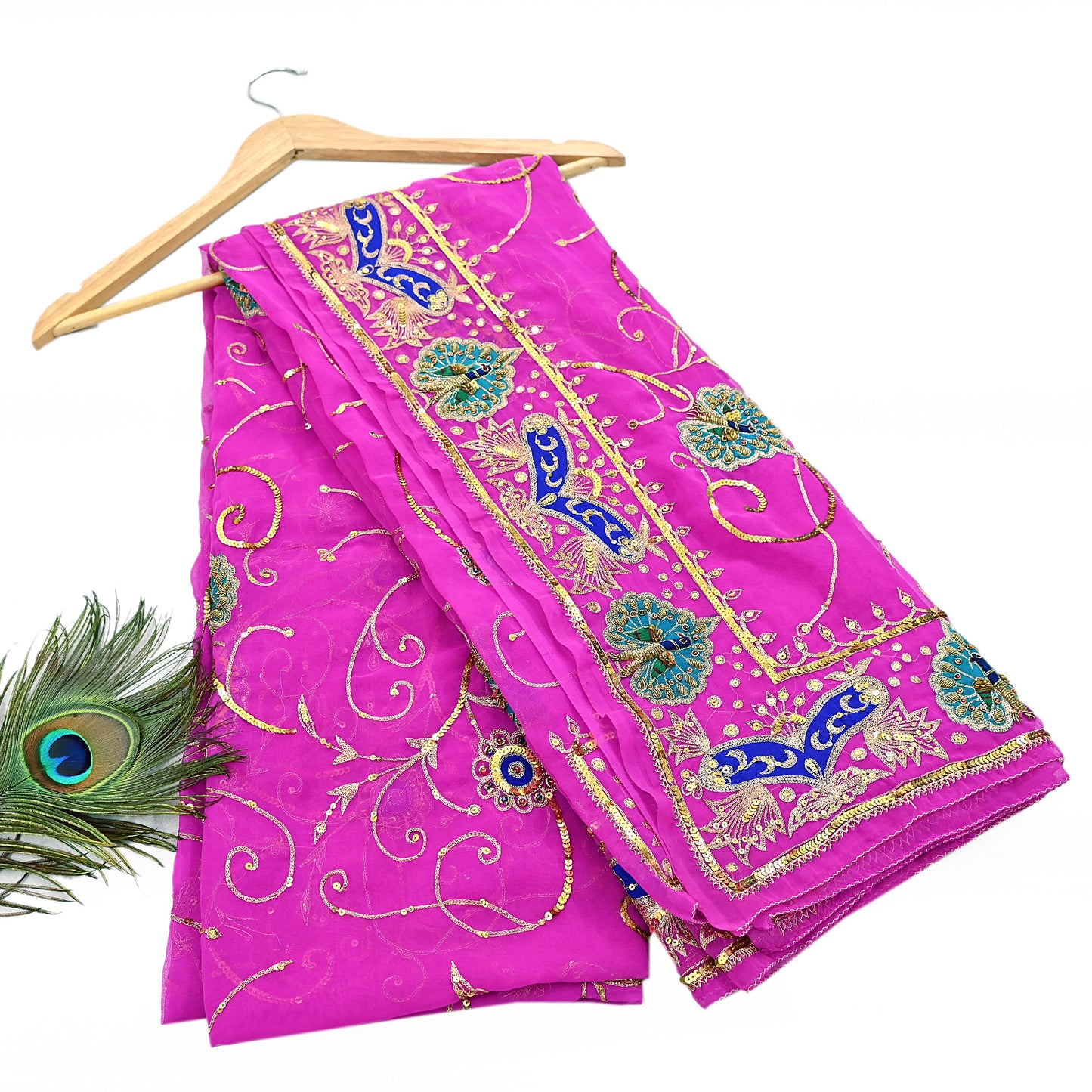 Indian Vintage Bridal Heavy Magenta Dupatta American Georgette  Hand Embroidered Rajputi Odhani Scarves Zari Zardozi Bollywood Wedding