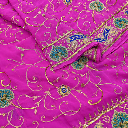 Indian Vintage Bridal Heavy Magenta Dupatta American Georgette  Hand Embroidered Rajputi Odhani Scarves Zari Zardozi Bollywood Wedding