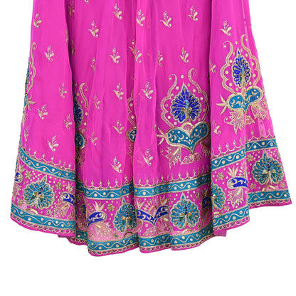 Indian Vintage Magenta American Georgette Hand Embroidered Rajputi Phoshak Lehenga/ Skirt Bridal Party Wear Peacock Design Zari