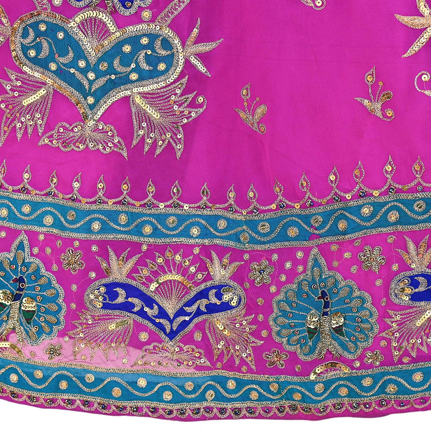 Indian Vintage Magenta American Georgette Hand Embroidered Rajputi Phoshak Lehenga/ Skirt Bridal Party Wear Peacock Design Zari