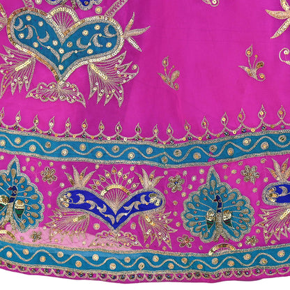 Indian Vintage Magenta American Georgette Hand Embroidered Rajputi Phoshak Lehenga/ Skirt Bridal Party Wear Peacock Design Zari