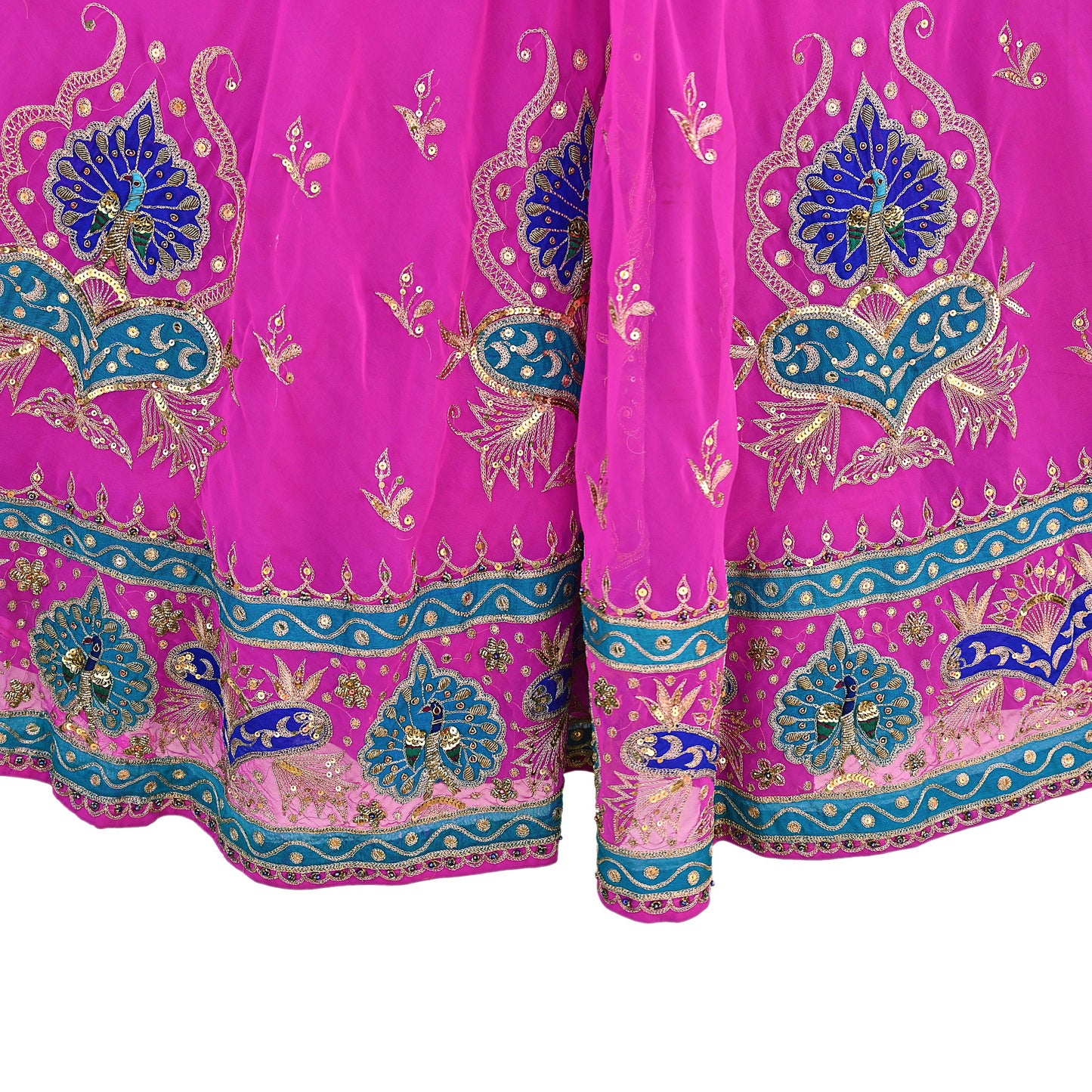 Indian Vintage Magenta American Georgette Hand Embroidered Rajputi Phoshak Lehenga/ Skirt Bridal Party Wear Peacock Design Zari