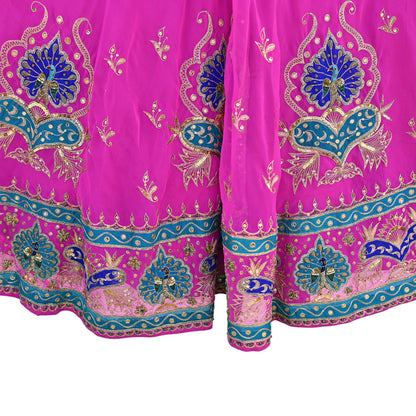 Indian Vintage Magenta American Georgette Hand Embroidered Rajputi Phoshak Lehenga/ Skirt Bridal Party Wear Peacock Design Zari
