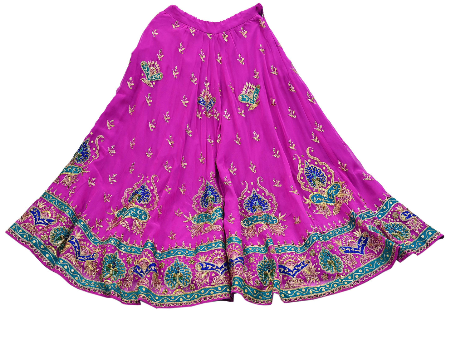 Indian Vintage Magenta American Georgette Hand Embroidered Rajputi Phoshak Lehenga/ Skirt Bridal Party Wear Peacock Design Zari
