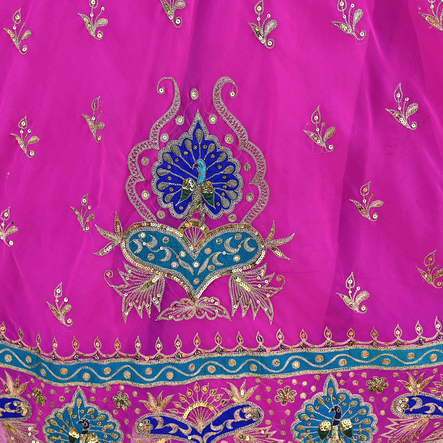 Indian Vintage Magenta American Georgette Hand Embroidered Rajputi Phoshak Lehenga/ Skirt Bridal Party Wear Peacock Design Zari