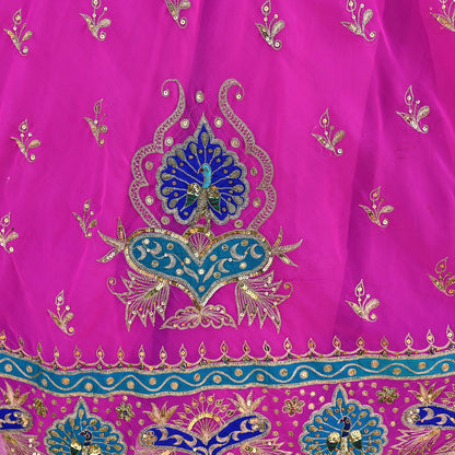 Indian Vintage Magenta American Georgette Hand Embroidered Rajputi Phoshak Lehenga/ Skirt Bridal Party Wear Peacock Design Zari