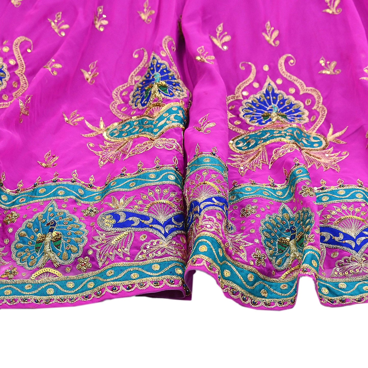 Indian Vintage Magenta American Georgette Hand Embroidered Rajputi Phoshak Lehenga/ Skirt Bridal Party Wear Peacock Design Zari