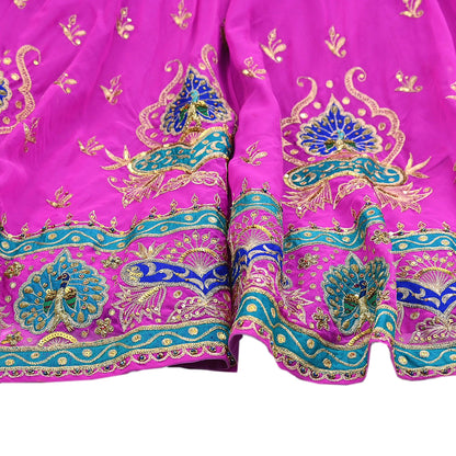 Indian Vintage Magenta American Georgette Hand Embroidered Rajputi Phoshak Lehenga/ Skirt Bridal Party Wear Peacock Design Zari