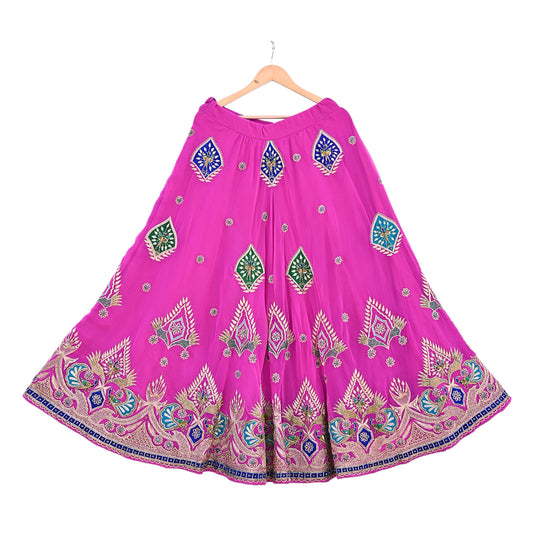 Indian Vintage Magenta American Georgette Hand Embroidered Rajputi Phoshak Lehenga/ Skirt Bridal Party Wear Peacock Design Zari