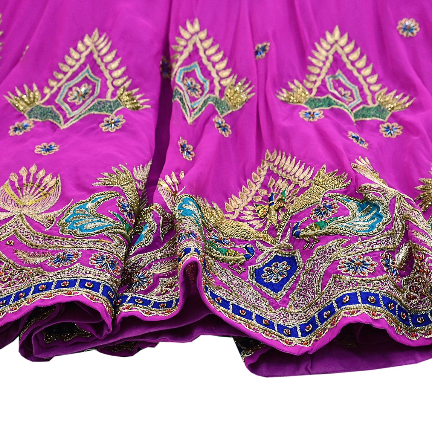 Indian Vintage Magenta American Georgette Hand Embroidered Rajputi Phoshak Lehenga/ Skirt Bridal Party Wear Peacock Design Zari