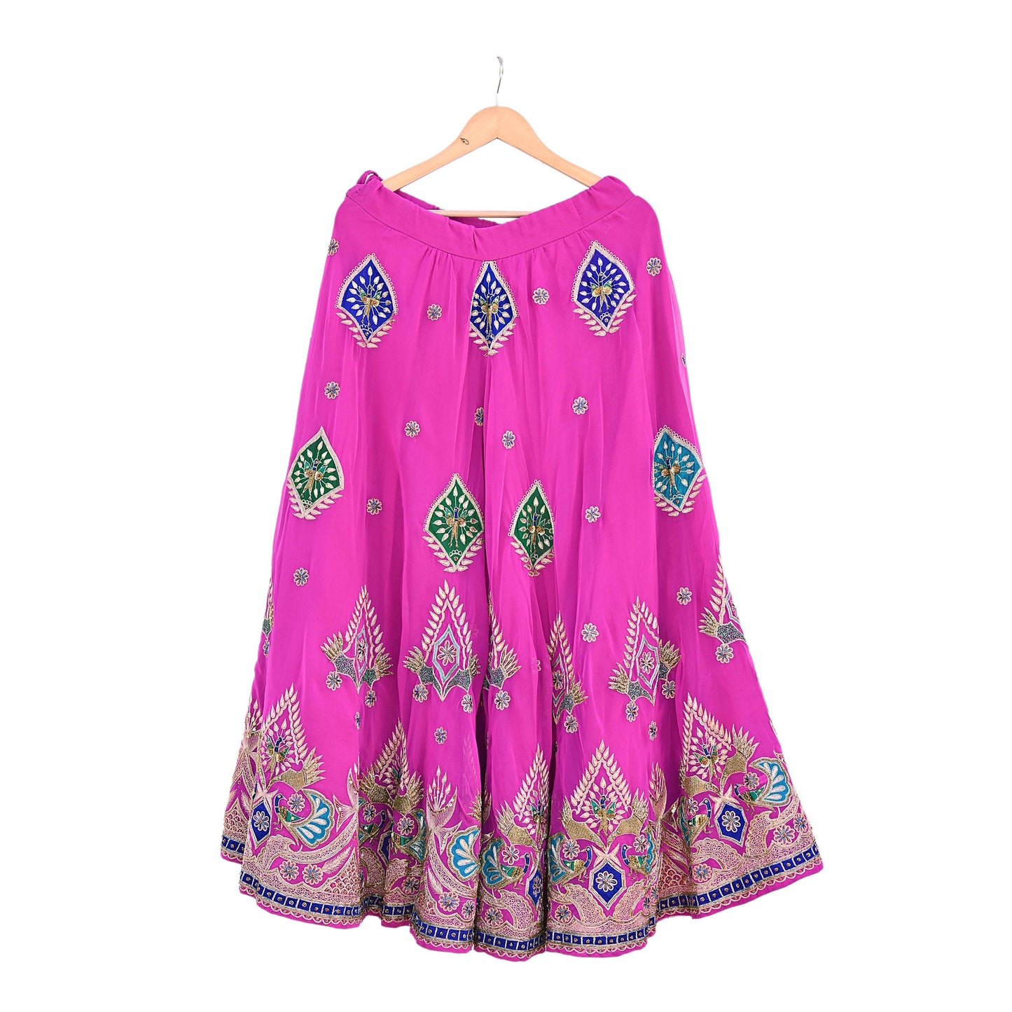 Indian Vintage Magenta American Georgette Hand Embroidered Rajputi Phoshak Lehenga/ Skirt Bridal Party Wear Peacock Design Zari