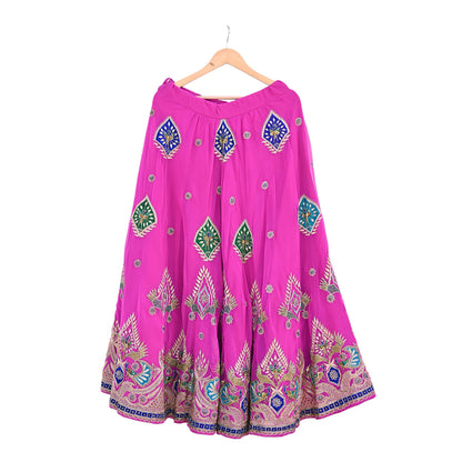 Indian Vintage Magenta American Georgette Hand Embroidered Rajputi Phoshak Lehenga/ Skirt Bridal Party Wear Peacock Design Zari