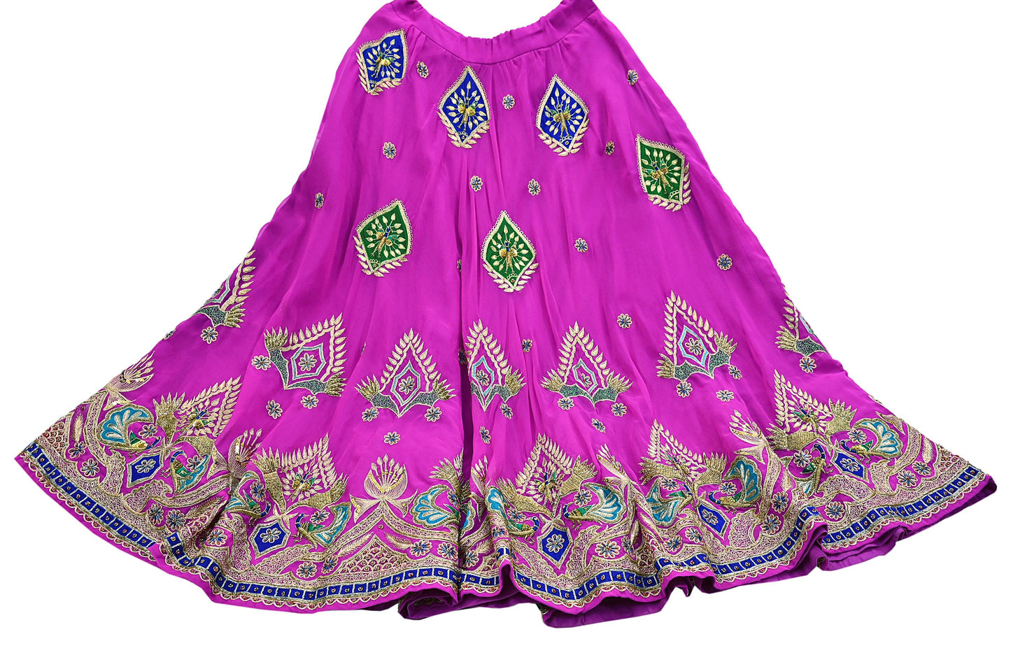 Indian Vintage Magenta American Georgette Hand Embroidered Rajputi Phoshak Lehenga/ Skirt Bridal Party Wear Peacock Design Zari