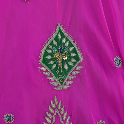 Indian Vintage Magenta American Georgette Hand Embroidered Rajputi Phoshak Lehenga/ Skirt Bridal Party Wear Peacock Design Zari