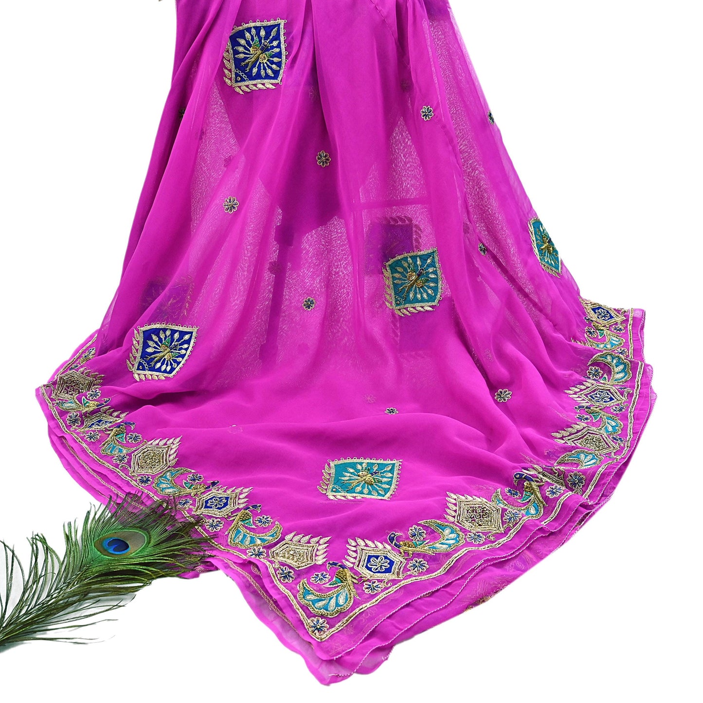 Indian Vintage Bridal Heavy Magenta Dupatta American Georgette  Hand Embroidered Rajputi Odhani Scarves Zari Zardozi Bollywood Wedding
