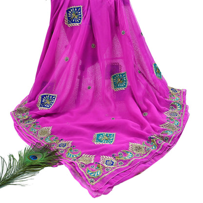 Indian Vintage Bridal Heavy Magenta Dupatta American Georgette  Hand Embroidered Rajputi Odhani Scarves Zari Zardozi Bollywood Wedding