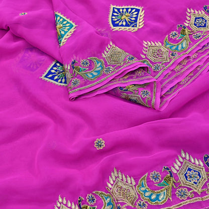 Indian Vintage Bridal Heavy Magenta Dupatta American Georgette  Hand Embroidered Rajputi Odhani Scarves Zari Zardozi Bollywood Wedding