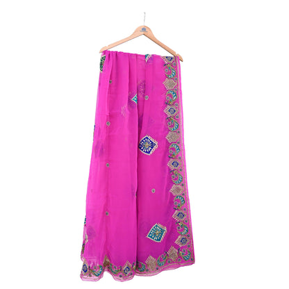Indian Vintage Bridal Heavy Magenta Dupatta American Georgette  Hand Embroidered Rajputi Odhani Scarves Zari Zardozi Bollywood Wedding