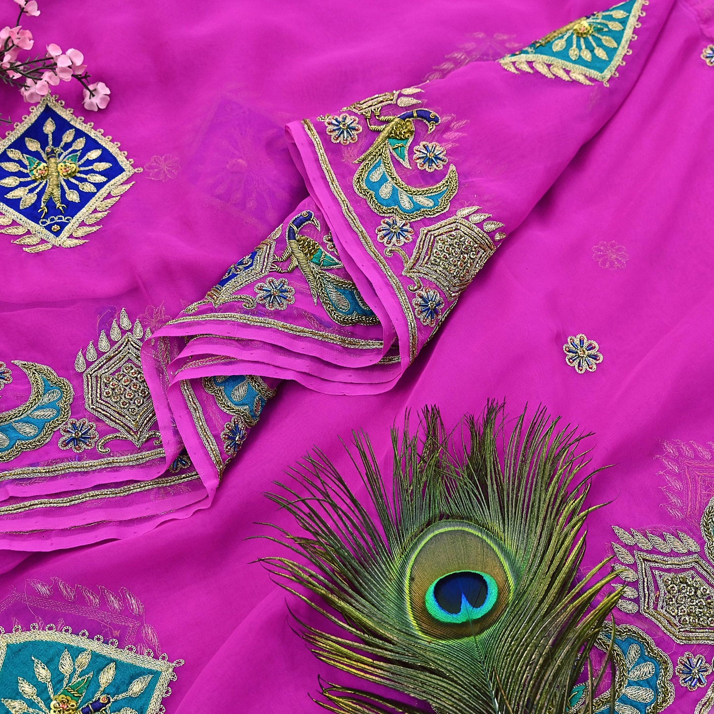 Indian Vintage Bridal Heavy Magenta Dupatta American Georgette  Hand Embroidered Rajputi Odhani Scarves Zari Zardozi Bollywood Wedding