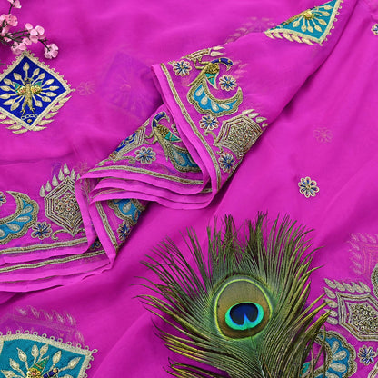 Indian Vintage Bridal Heavy Magenta Dupatta American Georgette  Hand Embroidered Rajputi Odhani Scarves Zari Zardozi Bollywood Wedding