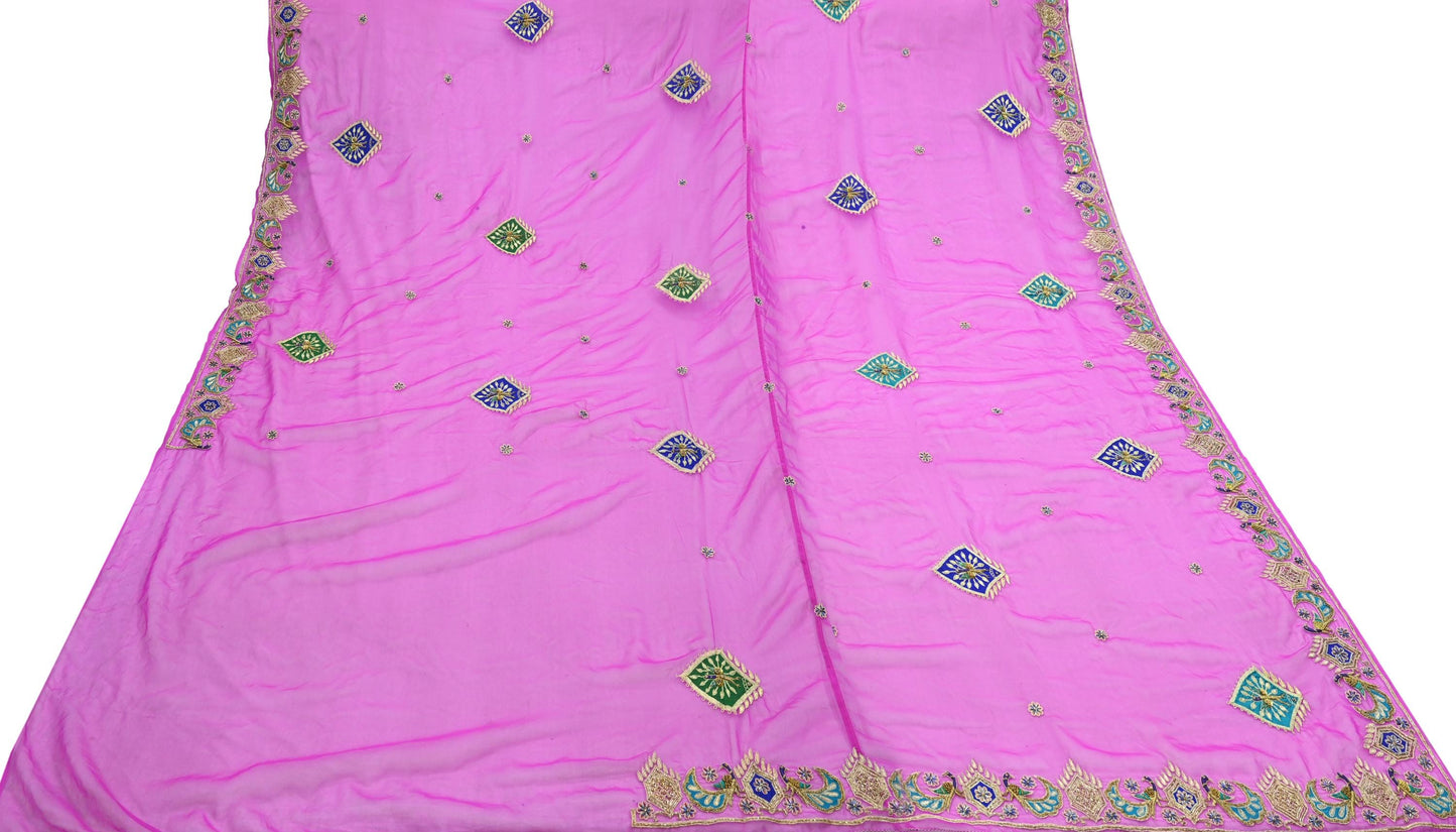 Indian Vintage Bridal Heavy Magenta Dupatta American Georgette  Hand Embroidered Rajputi Odhani Scarves Zari Zardozi Bollywood Wedding