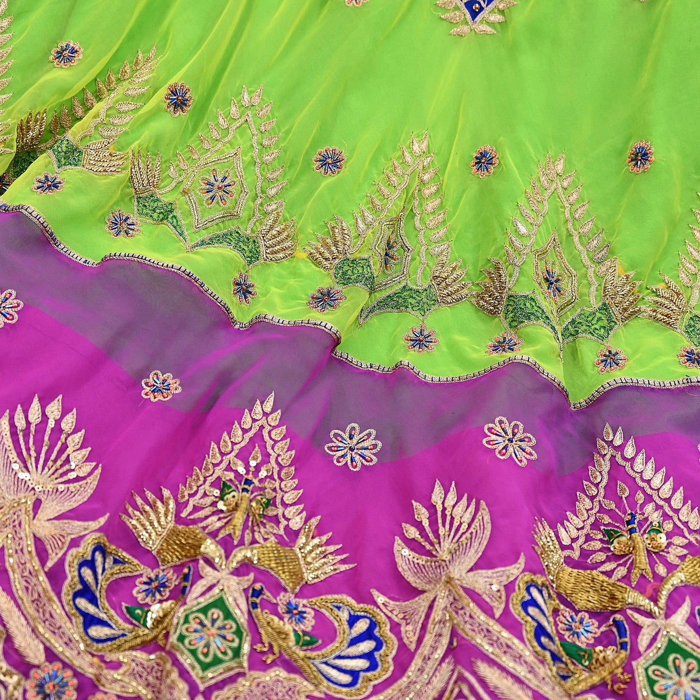 Indian Vintage American Georgette Hand Embroidered Rajputi Phoshak Lehenga/ Skirt Bridal Party Wear Peacock Design Zari