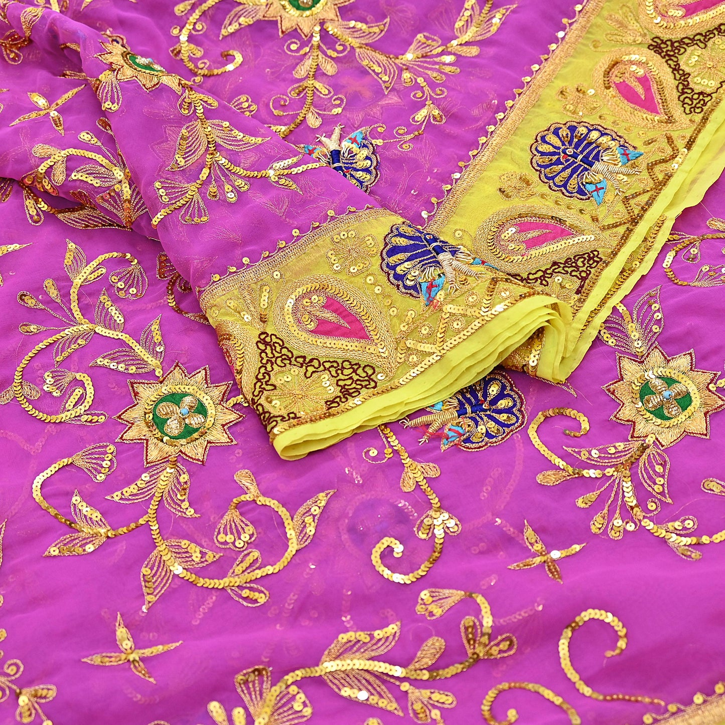 Indian Vintage Bridal Heavy Magenta Dupatta American Georgette  Hand Embroidered Rajputi Odhani Scarves Zari Zardozi Bollywood Wedding